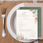 シックなスクリプトの水色の冬の緑結婚の メニュー<br><div class="desc">私たちのメニューでゲストの味の芽結婚を喜ばせる。心地よいベージュの背景、水色の冬の緑、ヒイラギの果実、松のコーン、および葉のフレームのスクリプトとエレガントセリフのタイポグラフィに対して。</div>