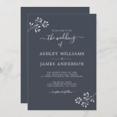 シックなスクリプトアイボリーの葉ダークブルー結婚ズ 招待状 (正面/裏面)