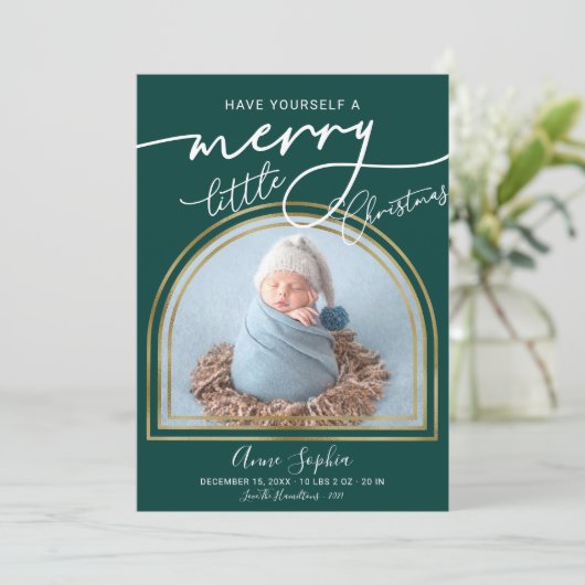 シックなスクリプトアーチフレームの誕生のお知らせ シーズンカード (スタンド正面)