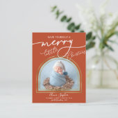 シックなスクリプトアーチフレームの誕生のお知らせ シーズンポストカード (スタンド正面)