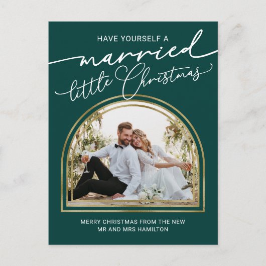 シックなスクリプトアーチホリデー結婚の発表 シーズンポストカード (正面)