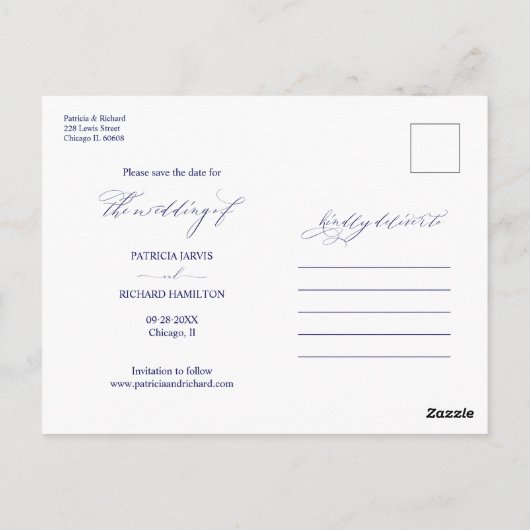 シックなスクリプトウェディング日付2フォトコラージュを保存 ポストカード (裏面)