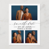 シックなスクリプトウェディング日付3フォトコラージュを保存 ポストカード (正面)