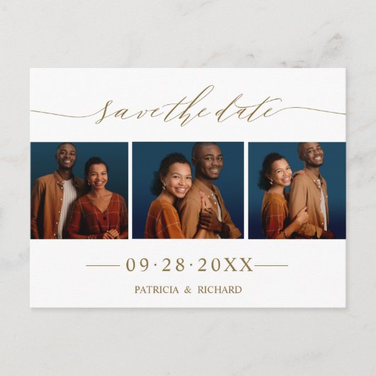 シックなスクリプトウェディング日付3フォトコラージュを保存 ポストカード (正面)