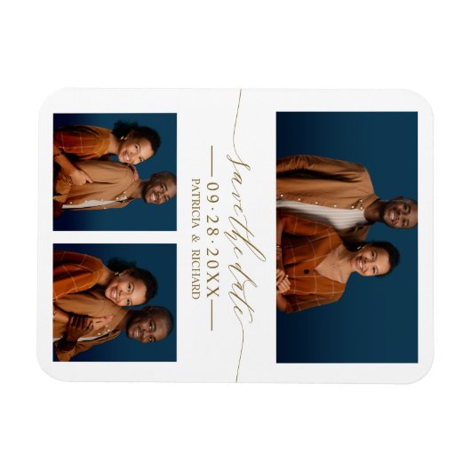 シックなスクリプトウェディング日付3フォトコラージュを保存 マグネット (横)