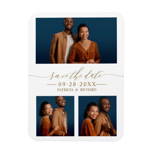 シックなスクリプトウェディング日付3フォトコラージュを保存 マグネット (縦)