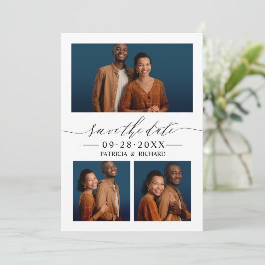 シックなスクリプトウェディング日付3フォトコラージュを保存 招待状 (スタンド正面)