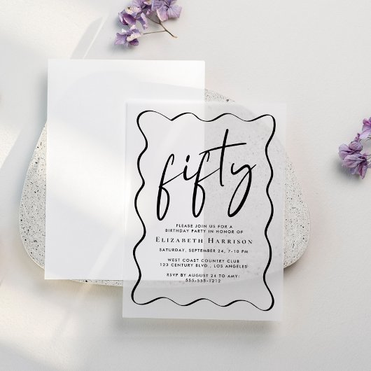 シックなスクリプトウェーブフレーム50th誕生日パーティー ベラム紙招待状