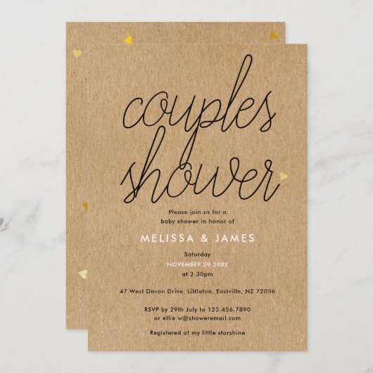 シックなスクリプトクラフト金ゴールドハートカップル赤ちゃんシャワー 招待状 (正面/裏面)