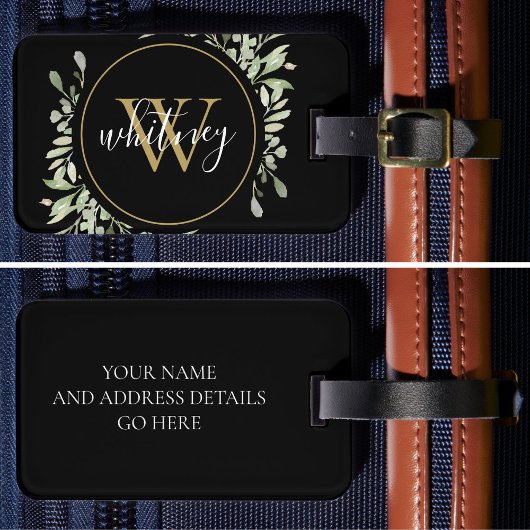 シックなスクリプトグリーナリー金ゴールドモノグラムブラック ラゲッジタグ