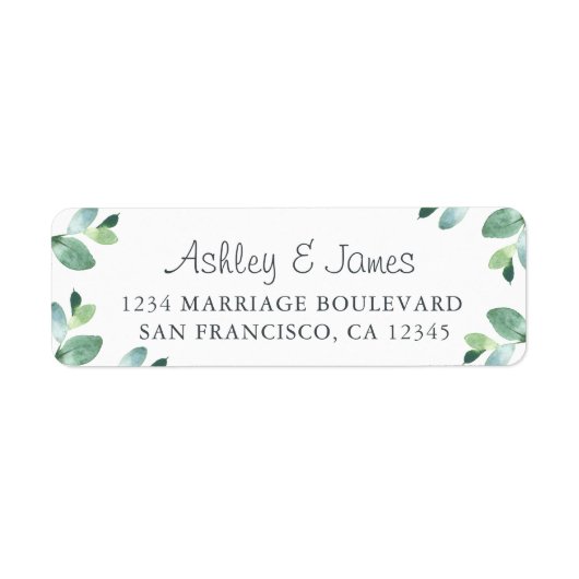 シックなスクリプトグリーン結婚リーフの差出人住所 ラベル (正面)