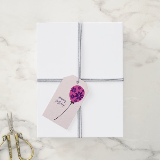 シックなスクリプトハッピーバースデー!ピンクバルーン ギフトタグ (より糸付き)