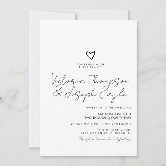 シックなスクリプトハート傾斜白黒結婚ズ 招待状 (正面)