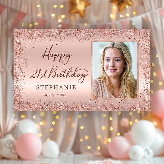 シックなスクリプトバラ金ゴールドグリッター写真21歳の誕生日 横断幕