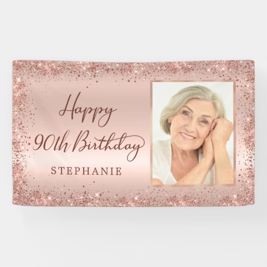 シックなスクリプトバラ金ゴールドグリッター写真90誕生日 横断幕 (横)