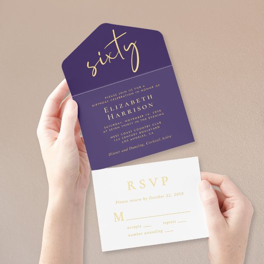 シックなスクリプトパープル60th誕生日パーティー オールインワン招待状