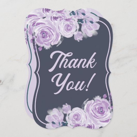 シックなスクリプトパープル&ティール(緑がかった色)フローラサンキューカード サンキューカード (正面/裏面)