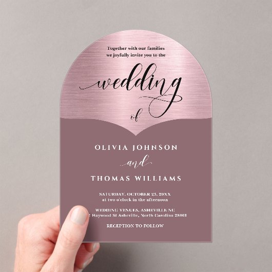 シックなスクリプトピンクローズ金ゴールドアー結婚チ アクリル招待状 (インサイチュ (ポータブル))