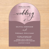 シックなスクリプトピンクローズ金ゴールドアー結婚チ アクリル招待状 (正面)