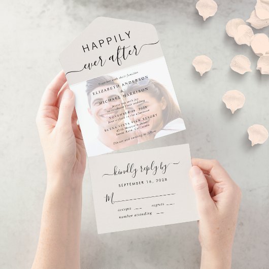 シックなスクリプトフォトオーバーレイ結婚クリーム オールインワン招待状