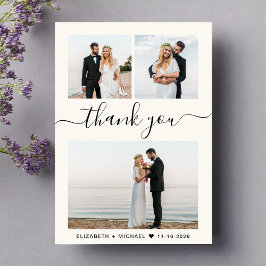 シックなスクリプトフォトコラージュクリーム結婚ズ サンキューカード