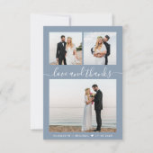 シックなスクリプトフォトコラージュダスティブルー結婚ズ サンキューカード (正面)
