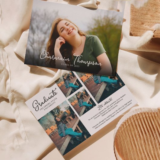 シックなスクリプトフォトコラージュ卒業イニビテーション 案内状