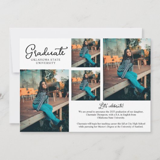 シックなスクリプトフォトコラージュ卒業イニビテーション 案内状 (裏面)