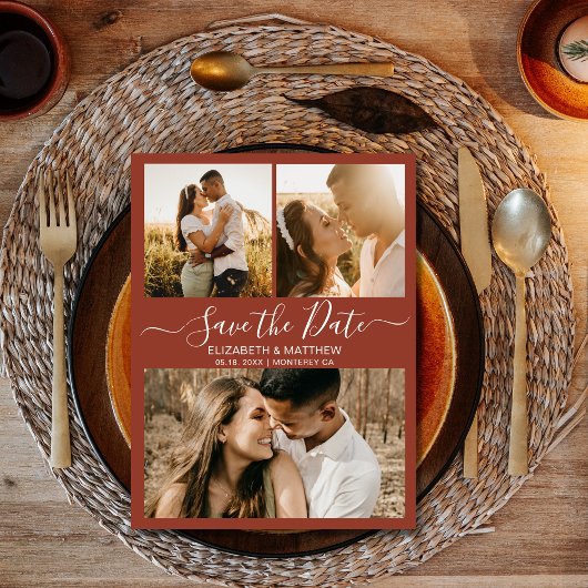 シックなスクリプトフォトコラージュTerracotta日付を保存 案内ポストカード