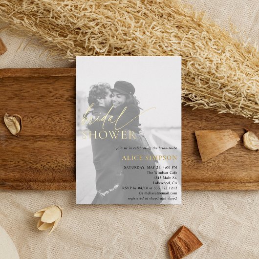 シックなスクリプトフォトブライダルシャワーフォイル招待状 箔招待状