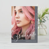 シックなスクリプトフォトブルー卒業発表 招待状 (スタンド正面)