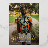 シックなスクリプトフォト卒業金ゴールド 箔招待状 (正面)