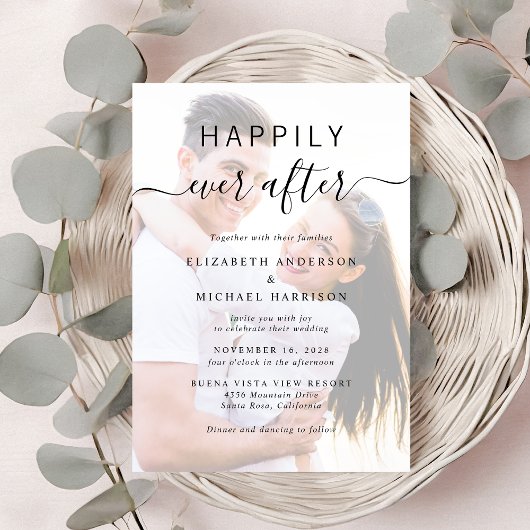 シックなスクリプトフォトQRコードダスティブルー結婚ズ 招待状