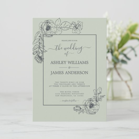 シックなスクリプトフローラアウトラインパステルグリーン結婚ズ 招待状 (スタンド正面)