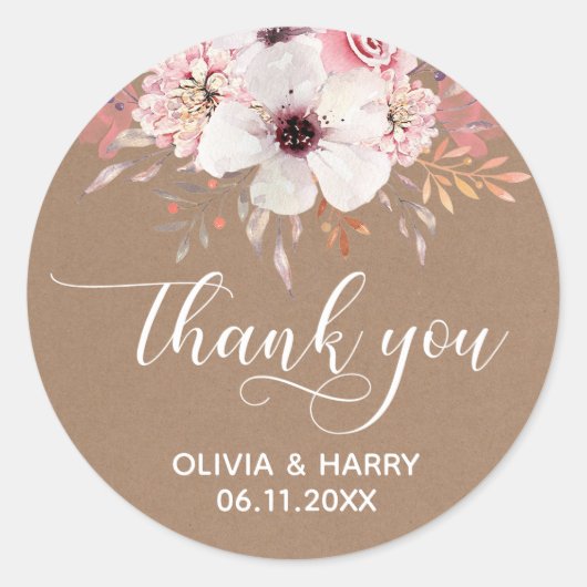 シックなスクリプトフローラ結婚式の引き出物シール | Kraft ラウンドシール (正面)