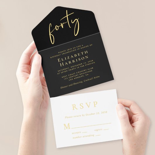 シックなスクリプトブラック40th誕生日パーティー オールインワン招待状