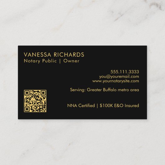 シックなスクリプトブラック&金ゴールド公証人モダン名QR 名刺 (裏面)