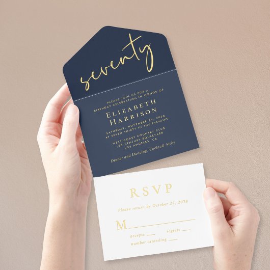 シックなスクリプトブルー70th誕生日パーティー オールインワン招待状