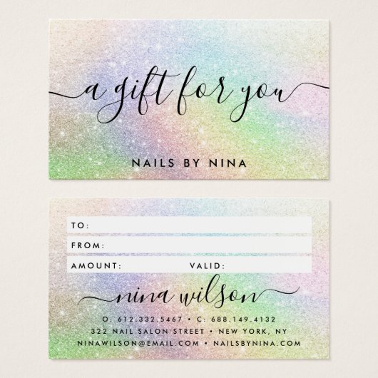 シックなスクリプトホログラフィックレインボーグリッターギフトカード (正面&裏面)