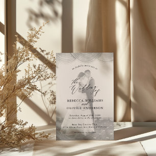 シックなスクリプトモノクロのオーバーレイ結婚写真 招待状