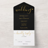 シックなスクリプトモノグラムブラックと金ゴールド結婚ハート オールインワン招待状 (内側)