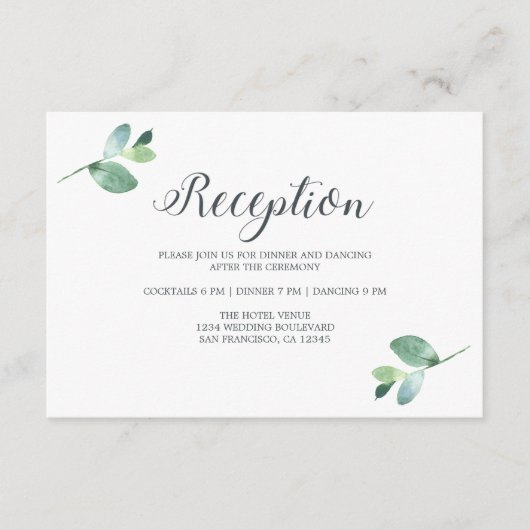 シックなスクリプトユーカリの葉のウェディングレセプション エンクロージャーカード (正面)
