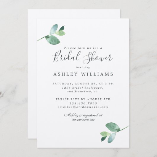 シックなスクリプトユーカリプトゥスの葉ブライダルシャワー 招待状 (正面/裏面)