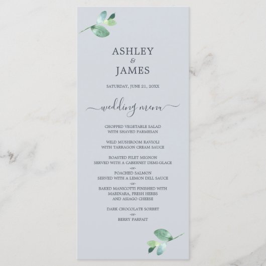 シックなスクリプトユーカリプトゥスオブリーディングパステルブルー結婚ズ メニュー (正面)