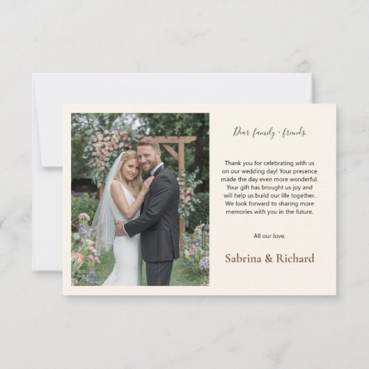 シックなスクリプトラブブラウンアンドクリーム結婚フローラ サンキューカード (裏面)