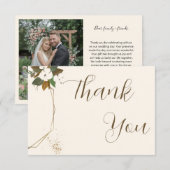 シックなスクリプトラブブラウンアンドクリーム結婚フローラ サンキューカード (正面/裏面)