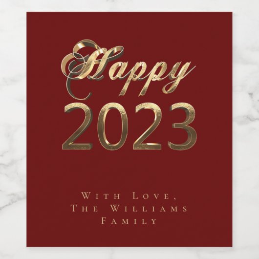 シックなスクリプトレッドと金ゴールドハッピーニューイヤー2023 ワインラベル (シングルラベル)