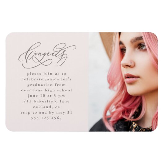 シックなスクリプトワンフォトピンク卒業パーティー マグネット (横)