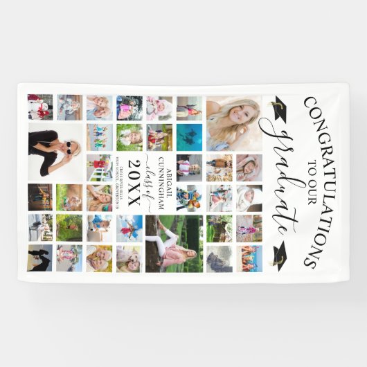 シックなスクリプト卒業35フォトコラージホワイト 横断幕 (横)