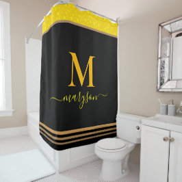シックなスクリプト名&モノグラムエレガント、ブラック&金ゴールド シャワーカーテン